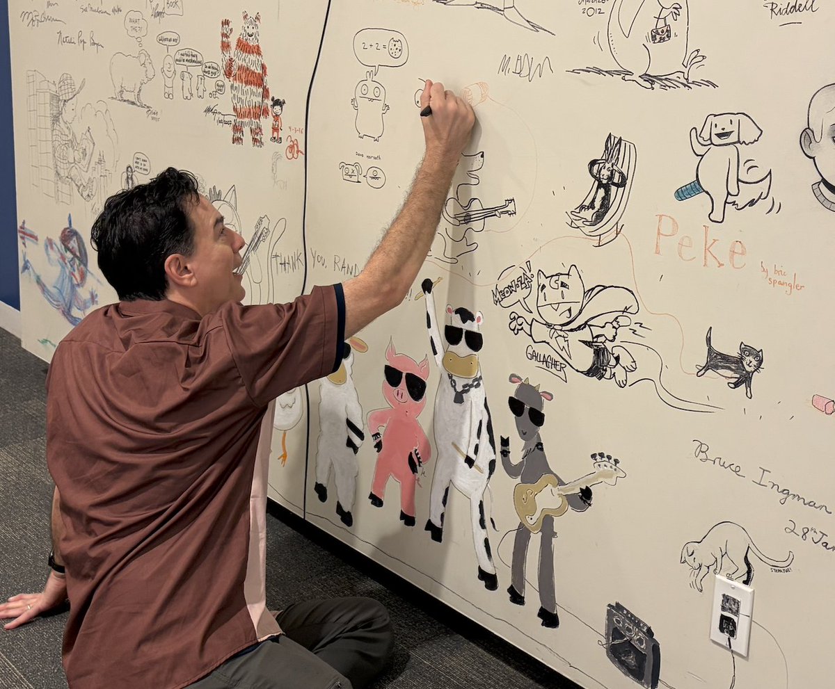 johnbgallagher's tweet photo. Rex Rocket, Cosmic Wiener Dog and I got to visit our friends at @rhcbteacherslibrarians in NYC this week! Drawing on their illustrator wall was a treat! Hot dog! #rhcb #kidlit #graphicnovel https://t.co/uiTOhhEwg6