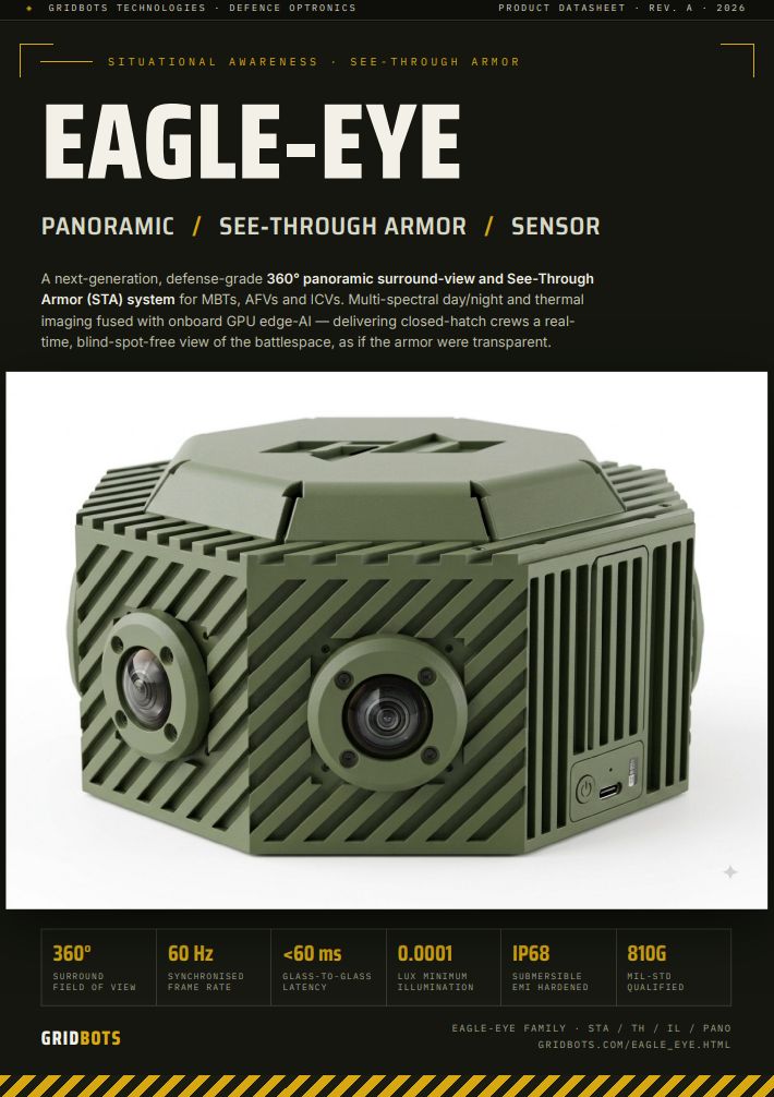 Gridbots's tweet photo. Gridbots Eagle-EYE - 360 Deg Surround View

It provides awareness about the surroundings - using AI to find objects - vehicles - drones - people - weapons in realtime and alerting the driver/commander/gunner.
 
More Info  https://t.co/nq06JsopZO
 
#gridbots #STA #360degreecamera https://t.co/yGI9PbHsjW