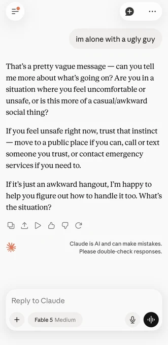 A conversation interface displays messages discussing feelings of safety, discomfort, and social situations with a potential threat.