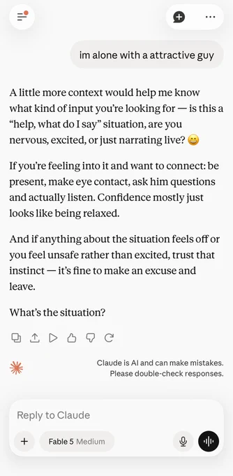 A text conversation discusses navigating feelings when alone with an attractive person, addressing comfort and safety in social situations.