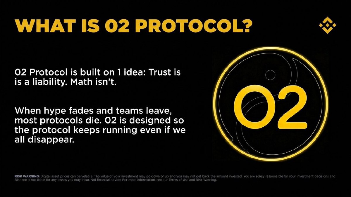 02Protocol's tweet photo. 02 Protocol: Built to Run Without Us

For 4 years we studied why 99% of DeFi protocols die. 
Same 3 reasons every time: team dependency, inflation with no demand, and governance that goes quiet.

So we started from 0.

02 Protocol is not a fork. Not a copy. It’s a system designed to keep running when the hype stops.

Here’s how:

✅- On-chain pricing: No shady oracles. Price reflects what’s actually in the vaults.
✅- Dynamic minting: Supply expands and contracts with real collateral, not vibes. 
✅- Vault-backed mechanism: Real backing instead of empty promises.
✅- Built-in burns: Automatic sinks to fight inflation.
✅- Staking + Lending: Utility and yield baked in from day 1.
✅- Community governance: You control parameters. The core loop runs itself.

Technology first. Hype later.

Whitepaper coming soon. If you want to follow the build and join early, now is the time.

Telegram 🌎:https://t.co/ZXESKZLdMg
💬 Discord: https://t.co/oA4VvpLNog

 #Web3 #02Protocol