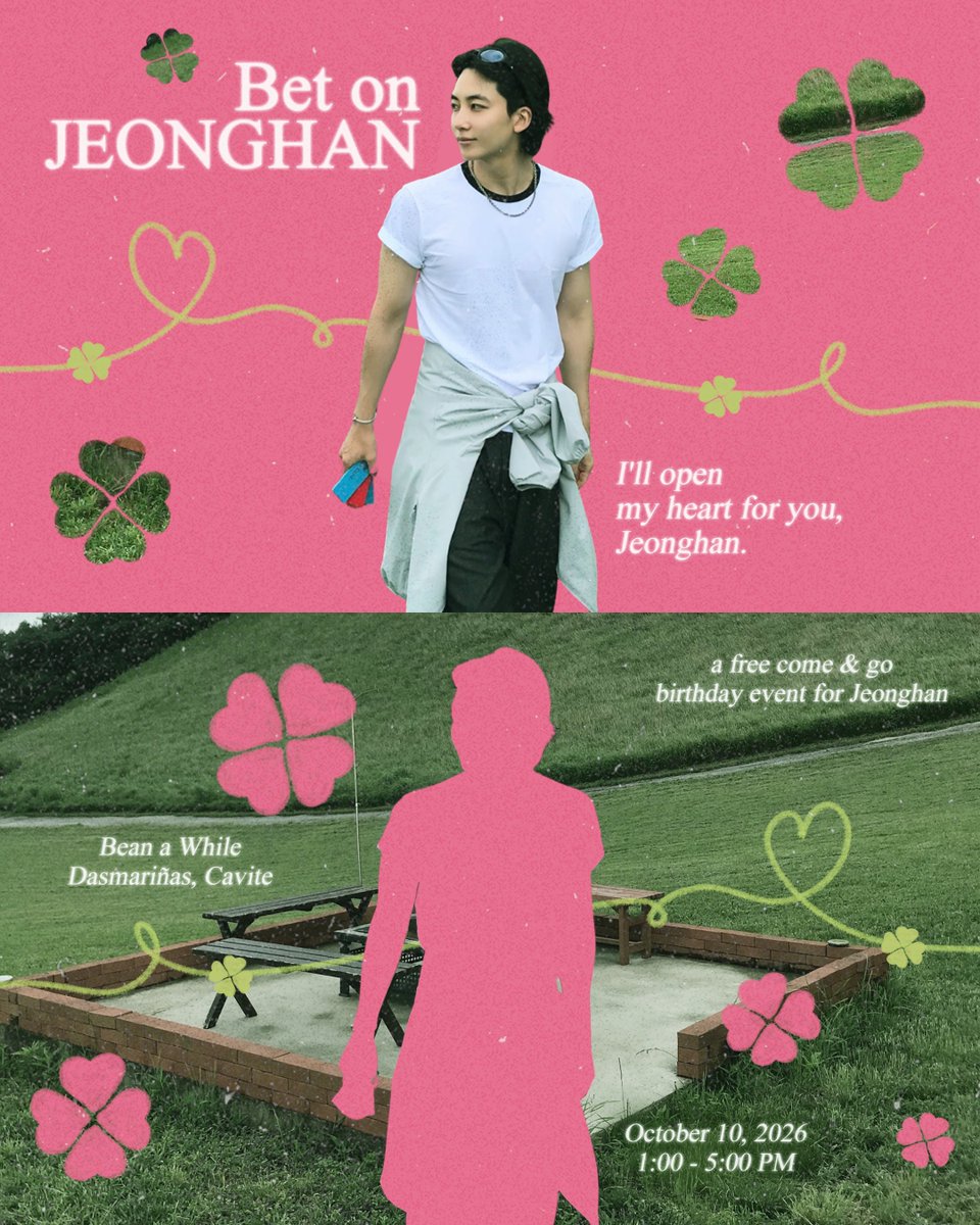 kitsyartsy's tweet photo. 🍀𝐁𝐄𝐓 𝐎𝐍 𝐉𝐄𝐎𝐍𝐆𝐇𝐀𝐍 :
𝘐'𝘭𝘭 𝘰𝘱𝘦𝘯 𝘮𝘺 𝘩𝘦𝘢𝘳𝘵 𝘧𝘰𝘳 𝘺𝘰𝘶, 𝘑𝘦𝘰𝘯𝘨𝘩𝘢𝘯.

𝘢 𝘍𝘙𝘌𝘌 𝘤𝘰𝘮𝘦 &amp; 𝘨𝘰 𝘣𝘪𝘳𝘵𝘩𝘥𝘢𝘺 𝘦𝘷𝘦𝘯𝘵 
𝟏𝟎.𝟏𝟎.𝟐𝟔 · Bean A While, Dasmariñas, Cavite

♡ 𝟎𝟖.𝟐𝟗 — registration opens

Place your bet. ♡
#BetonJeonghan https://t.co/9kWe7sS5SK