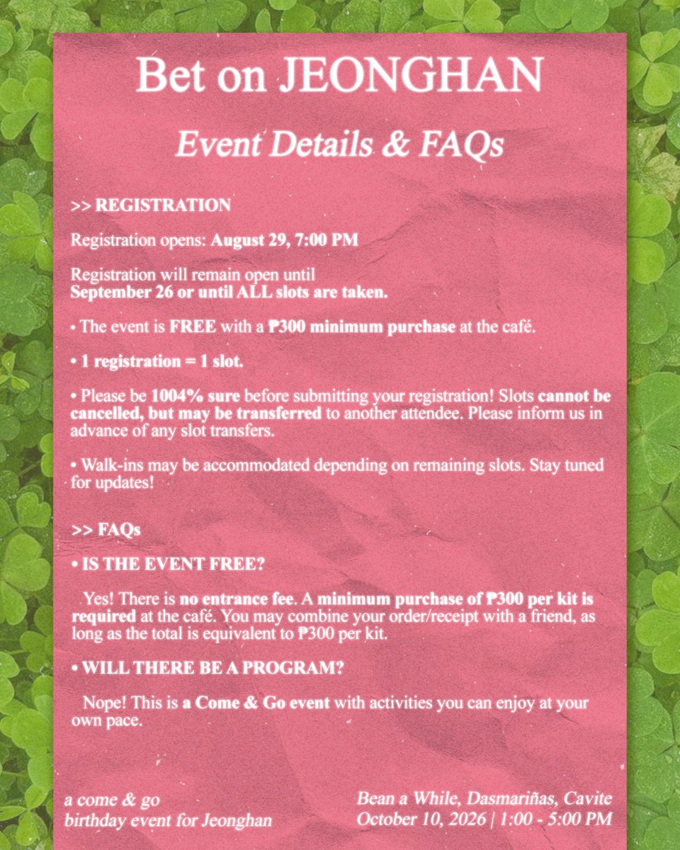 kitsyartsy's tweet photo. 🍀 𝗥𝗘𝗔𝗗𝗬 𝗧𝗢 𝗣𝗟𝗔𝗖𝗘 𝗬𝗢𝗨𝗥 𝗕𝗘𝗧?

Before you do, check out the Event Details &amp; FAQs for everything you need to know about 𝐁𝐄𝐓 𝐎𝐍 𝐉𝐄𝐎𝐍𝐆𝐇𝐀𝐍! ♡

🎟️ Registration opens TONIGHT at 7:00 PM.

Read up. Get ready. Place your bet. 🍀

#BetonJeonghan https://t.co/7F0jho1QTy