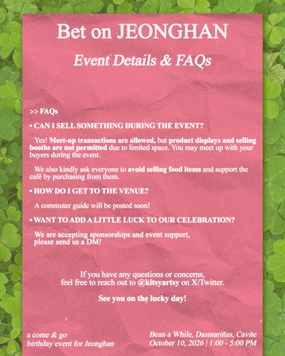 kitsyartsy's tweet photo. 🍀 𝗥𝗘𝗔𝗗𝗬 𝗧𝗢 𝗣𝗟𝗔𝗖𝗘 𝗬𝗢𝗨𝗥 𝗕𝗘𝗧?

Before you do, check out the Event Details &amp; FAQs for everything you need to know about 𝐁𝐄𝐓 𝐎𝐍 𝐉𝐄𝐎𝐍𝐆𝐇𝐀𝐍! ♡

🎟️ Registration opens TONIGHT at 7:00 PM.

Read up. Get ready. Place your bet. 🍀

#BetonJeonghan https://t.co/7F0jho1QTy