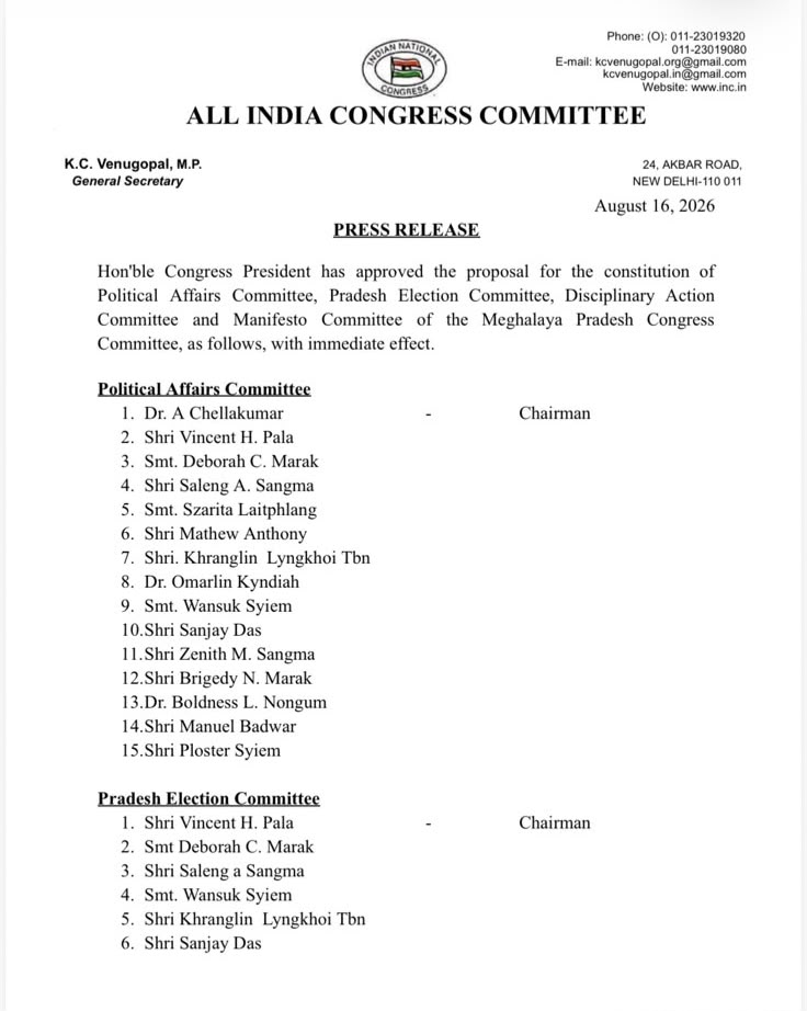 INCIndia's tweet photo. Hon'ble Congress President Shri @kharge has approved the proposal for the constitution of Political Affairs Committee, Pradesh Election Committee, Disciplinary Action Committee and Manifesto Committee of the Meghalaya Pradesh Congress Committee with immediate effect. https://t.co/s9qcid7Y5d