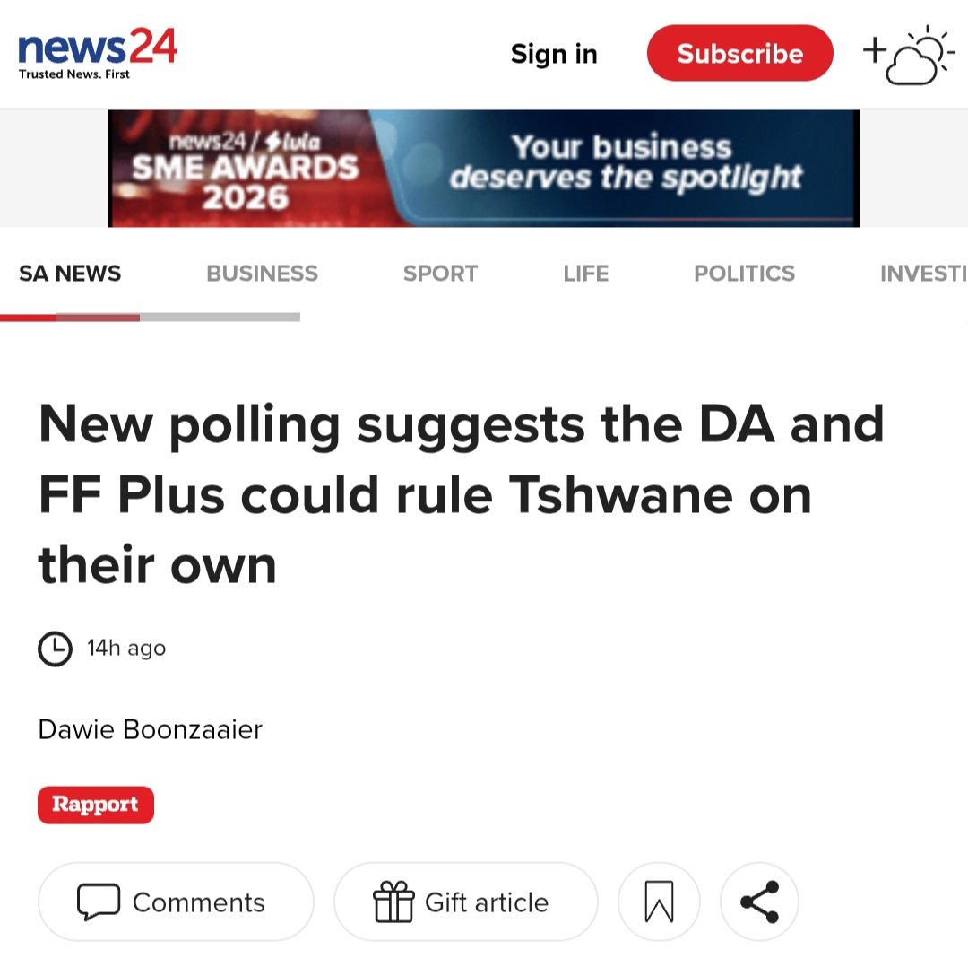 JordiGriff's tweet photo. DA at 43%
VF+ 8%
Total: 51%
Quick Maths.

On behalf of the residents of Tshwane we welcome this polling. https://t.co/HpAiCKzTDb