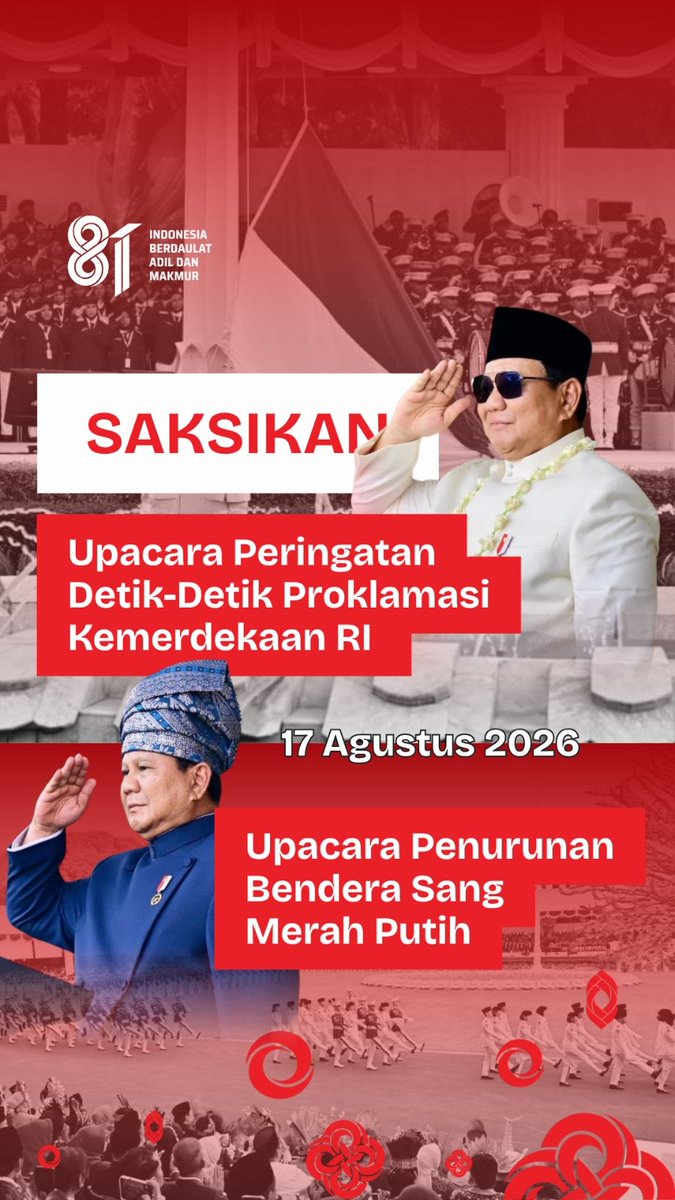 BNPTRI's tweet photo. Halo, #SobatDamai! 👋🏻

Di tengah rangkaian HUT ke-81 Kemerdekaan RI, mari sejenak menundukkan hati dan mendoakan saudara-saudara kita di NTT yang tengah menghadapi musibah. 🤲🏻

Senin, 17 Agustus 2026, Upacara Peringatan Detik-Detik Proklamasi akan digelar pukul 10.00 WIB, dilanjutkan Upacara Penurunan Bendera Sang Merah Putih pukul 17.00 WIB di Istana Merdeka, Jakarta. 

Mari mengenang jasa para pahlawan dengan menjadi pemuda yang tangguh, cinta Indonesia, dan teguh menjaga persatuan dari segala ancaman yang memecah belah bangsa. 💪🏻

Saling menopang, merawat Indonesia, dan melangkah dengan harapan.

Indonesia Berdaulat, Adil, dan Makmur. 🇮🇩

#HUT81RI #KitaIndonesia #MelangkahDenganHarapan #KitaIndonesiaPeduliNTT