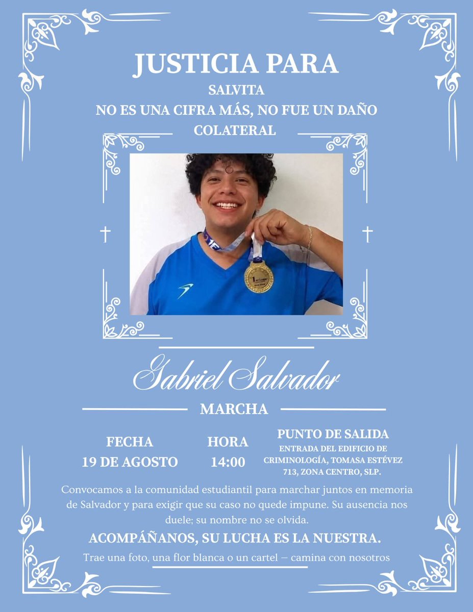 taller2006's tweet photo. Quiero aprovechar el momento de falsa INDIGNACIÓN que han construido @lopezobrador_ , @PartidoMorenaMx y la presidenta @Claudiashein por la irreparable pérdida sufrida por el bienamado Andy al perder su visa. El inocente querubín ya no podrá viajar a Miami a disfrutar de la buena vida de millonario que merece.

Perdón por no sumarme a esa patriótica lucha. Pero es que sigo aquí, en San Luis Potosí #SLP acompañando a mi hermana a la Fiscalía General de Justicia porque, -a pesar del asesinato de mi sobrino cometido hace más de una semana-, le siguen negando su derecho a conocer el contenido de la famosa carpeta de investigación, -esa misma a la que se refiere la presidenta en sus conferencias y que nos pide vayamos a levantar ante la comisión de un delito-.
Además de lidiar con las autoridades locales quienes con sus declaraciones para salir del paso señalan que "ya resolvieron" el homicidio de mi sobrino Gabriel Salvador Martinez Flores -Salvita-, con la finalidad de que la gente de San Luis siga creyendo la propaganda gubernamental de que en SLP "Viven Sin Miedo" y que sigan acudiendo confiadamente a la Feria Nacional Potosina.

Quiero compartir una faceta de la vida cotidiana de un joven como tantos en este país, en este caso una "carrera en tacones" efectuada en la Facultad de Derecho de la Universidad Autónoma de San Luis Potosí #UASLP en la escuela de Criminología de mi sobrino Salvita.
Esa vida en las aulas universitarias que refleja la alegría juvenil de la que se ven privados miles de jóvenes por la incontrolable violencia prevaleciente en México.

Aunque más bien creo que debería estar pidiendo perdón por mi atrevimiento de exigir el cese de la violencia, en lugar de sumarme al coro de plañideras que reclaman al gobierno de EEUU la devolución de la visa al junior/delfín del hombre más poderoso de México y cuyo gobierno y el de su sucesora han seguido hundiendo a nuestro país en un páramo de inseguridad y violencia.