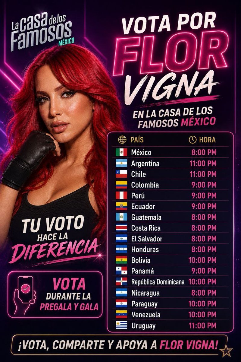 ArabellaDiary's tweet photo. 🚨🚨 Hoy, último día para Votar. Aquí están los horarios disponibles para cada país. 🙏🏻⚡️

Recuerda Votar en Positivo por Flor en la gala de hoy en la noche !! 

#LaCasaDeLosFamososMéxico
#LaCasaDeLosFamososMX
#LCDLFMX4 https://t.co/IjmNHXMs3p