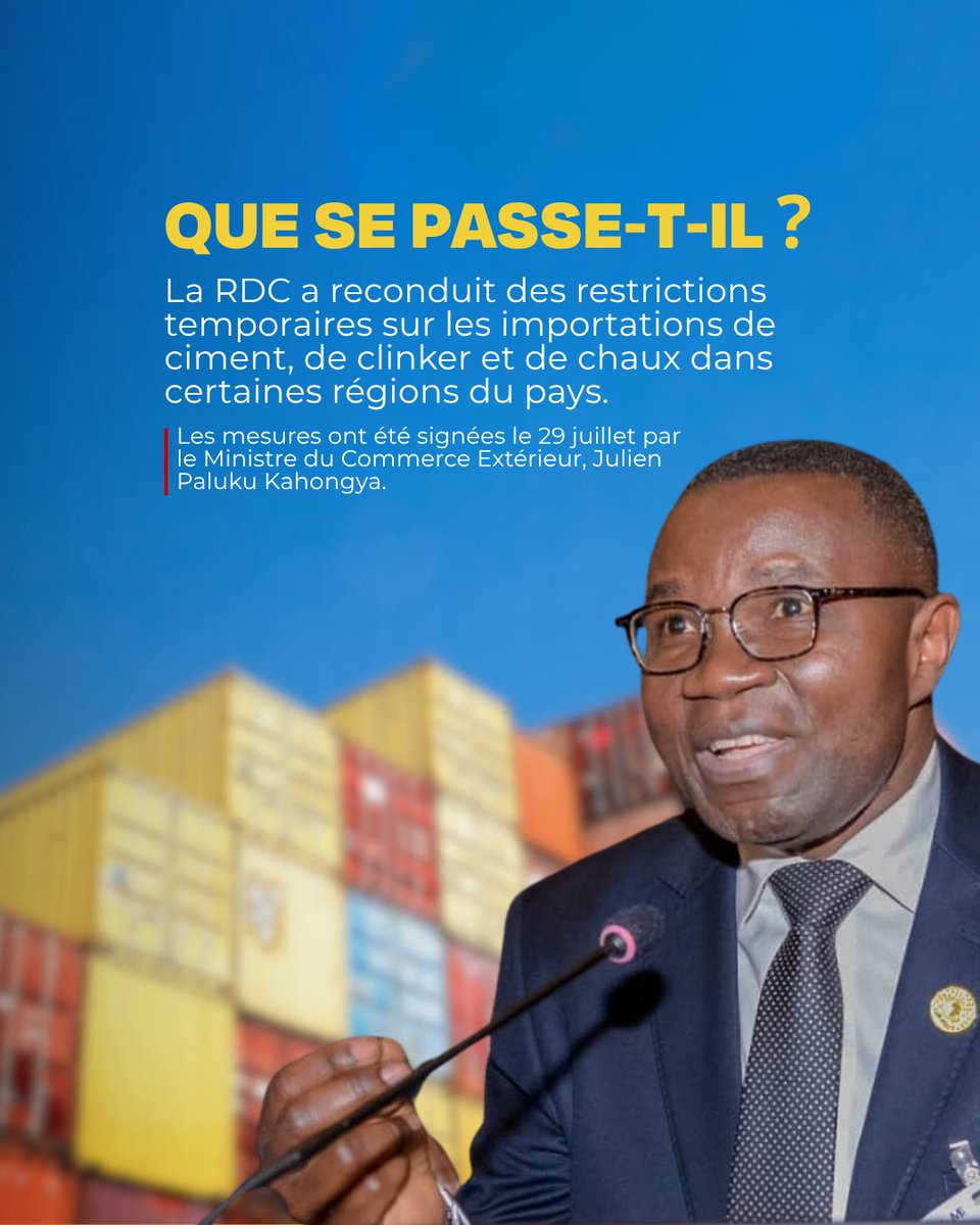 CongoAvance's tweet photo. La République démocratique du Congo a renouvelé des restrictions temporaires sur les importations de ciment, de clinker et de chaux dans certaines parties du pays.

Cette mesure vise à soutenir les producteurs locaux, à réduire la dépendance aux matériaux de construction importés et à encourager davantage de production nationale.

Il ne s’agit pas d’une interdiction totale. Les entreprises peuvent demander des exemptions lorsque l’offre locale ne suffit pas à répondre à la demande, afin d’éviter des pénuries dans les zones où la production ou la distribution reste limitée.

Alors que la RDC investit dans les routes, le logement, les infrastructures minières et les travaux publics, le ciment devient un matériau stratégique pour le développement national.

Pour Congo Avance, c’est une histoire d’industrialisation, de production locale et de création de plus de valeur à l’intérieur du pays.

#RDC #CongoAvance