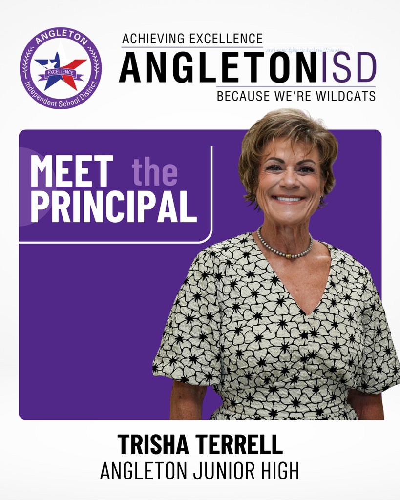 AngletonISD's tweet photo. 🐾 Meet Your Principal! 🐾

Today we're featuring Trisha Terrell, principal of Angleton Junior High! Thank you for your commitment to helping Wildcats grow and succeed every day.

Help us wish Ms. Terrell an amazing school year! 💜

#BecauseWereWildcats #ATeam https://t.co/xhlYy9vbLp