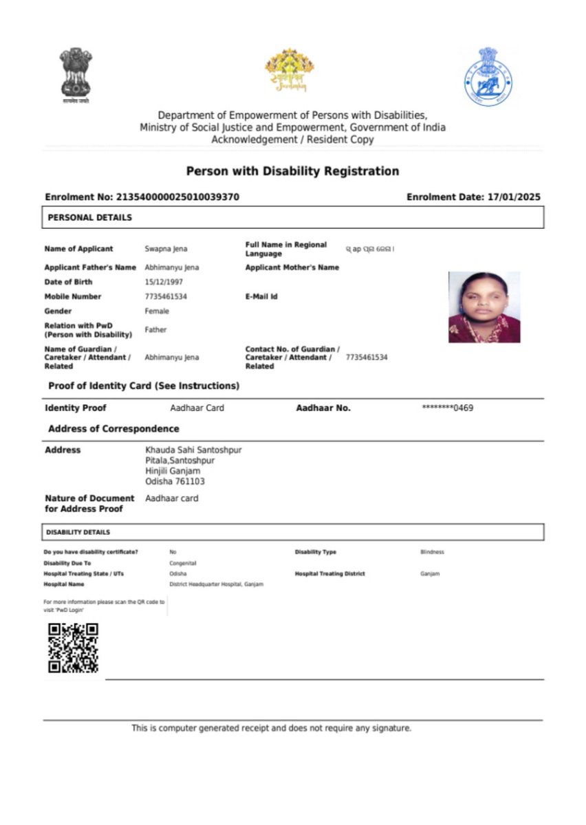 Amiya_Odisha's tweet photo. Urgent intervention requested! @CMO_Odisha @MahalingMukesh
Swapna Jena, a visually impaired girl from Ganjam, completed her medical assessment over 18 months ago, but her UDID certificate remains unuploaded. Requesting authorities to upload her certificate at the earliest.
@SecyChief @dept_ga @IPR_Odisha @Ganjam_Admin @CdmoGanjam @JanaSunani @HFWOdisha