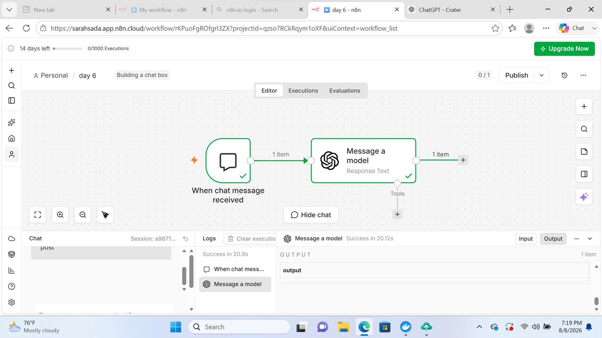 Osas3Osas's tweet photo. 🚀 Day 6 | AI Chatbot
Customers shouldn't have to wait hours for a reply.

I built an AI chatbot with n8n that helps businesses respond faster, handle repetitive enquiries, and stay available when the team is busy.

Less waiting. Fewer missed opportunities.

#AIAutomation #n8n https://t.co/zqj97kZWst