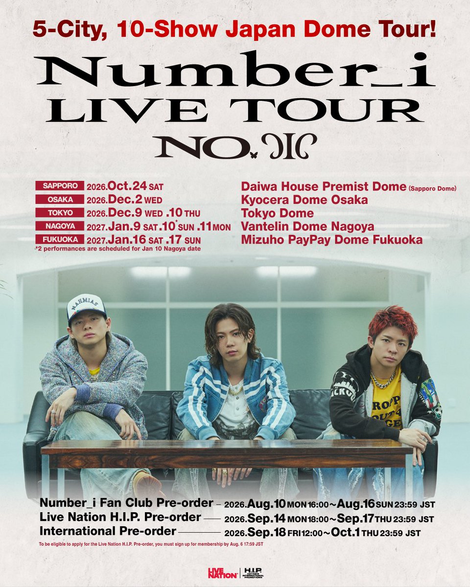 LiveNationHIP's tweet photo. #Number_i 5-City, 10-Show Japan Dome Tour!

Tickets available via pre-order!
🔗https://t.co/HIm9fdIsFQ

#Number_i_LIVE_TOUR_NoꓸIII
📍Oct. 24 Daiwa House Premist Dome (Sapporo Dome)
📍Dec. 2 Kyocera Dome Osaka
📍Dec. 9 & 10 Tokyo Dome
📍Jan. 9, 10 & 11 Vantelin Dome Nagoya
📍Jan.16 & 17 Mizuho PayPay Dome Fukuoka

#livenationhip