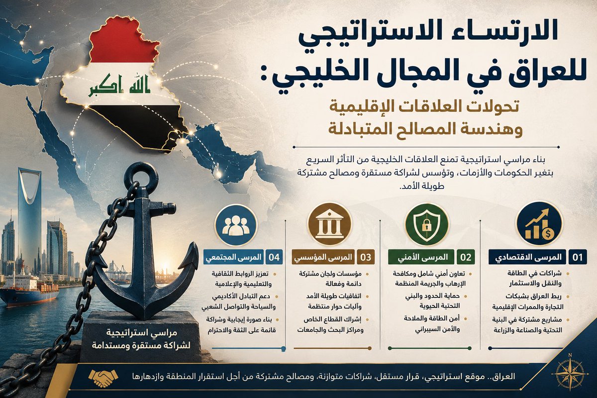 amkinani's tweet photo. مصطلحات
#الورقة_17
#الارتساء_الاستراتيجي 
العراق في المجال الخليجي: تحولات العلاقات الإقليمية وهندسة المصالح المتبادلة
الفكرة العراق يحتاج إلى «مراسي استراتيجية» تمنع علاقاته الخليجية من التأثر السريع بتغير الحكومات والأزمات
وتكون هذه المراسي اقتصادية وأمنية ومؤسسية ومجتمعية. https://t.co/HGKAqSUtnH