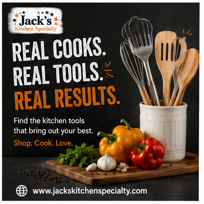 JACKSKITCHEN55's tweet photo. 1. Real Cooks. Real Tools. Real Results.

The right kitchen tools can make cooking easier, faster, and a whole lot more enjoyable. Discover quality products designed to help you get better results every time you cook.

🌐 https://t.co/Y7BBqaqhZ3

#JacksKitchenSpecialty #KitchenTools #CookingMadeEasy #KitchenEssentials #HomeCooking