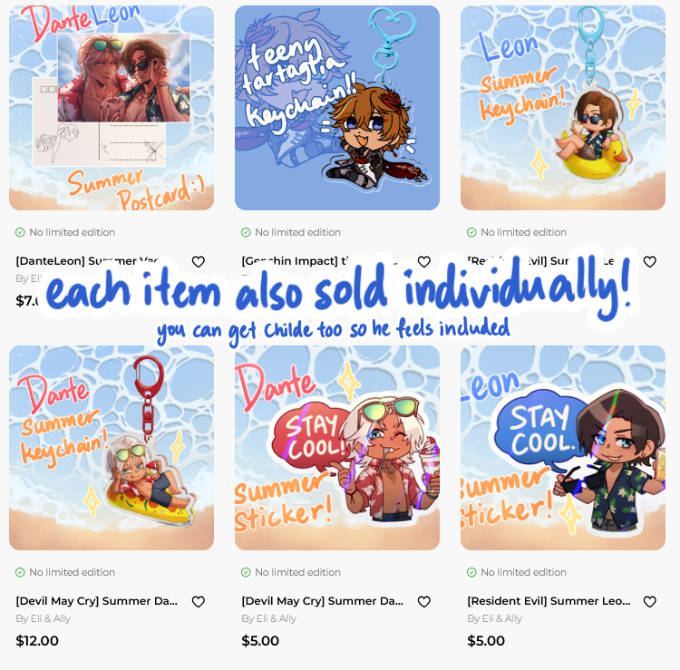 TIANHAI_03's tweet photo. [ devil may cry, resident evil, danteleon ]
hey everyone!! i've put up all the summer themed merch i've made of dante and leon now!!! very proud of how these turned out so please take a look if you're interested :D link below!! https://t.co/415NiuNLgQ
