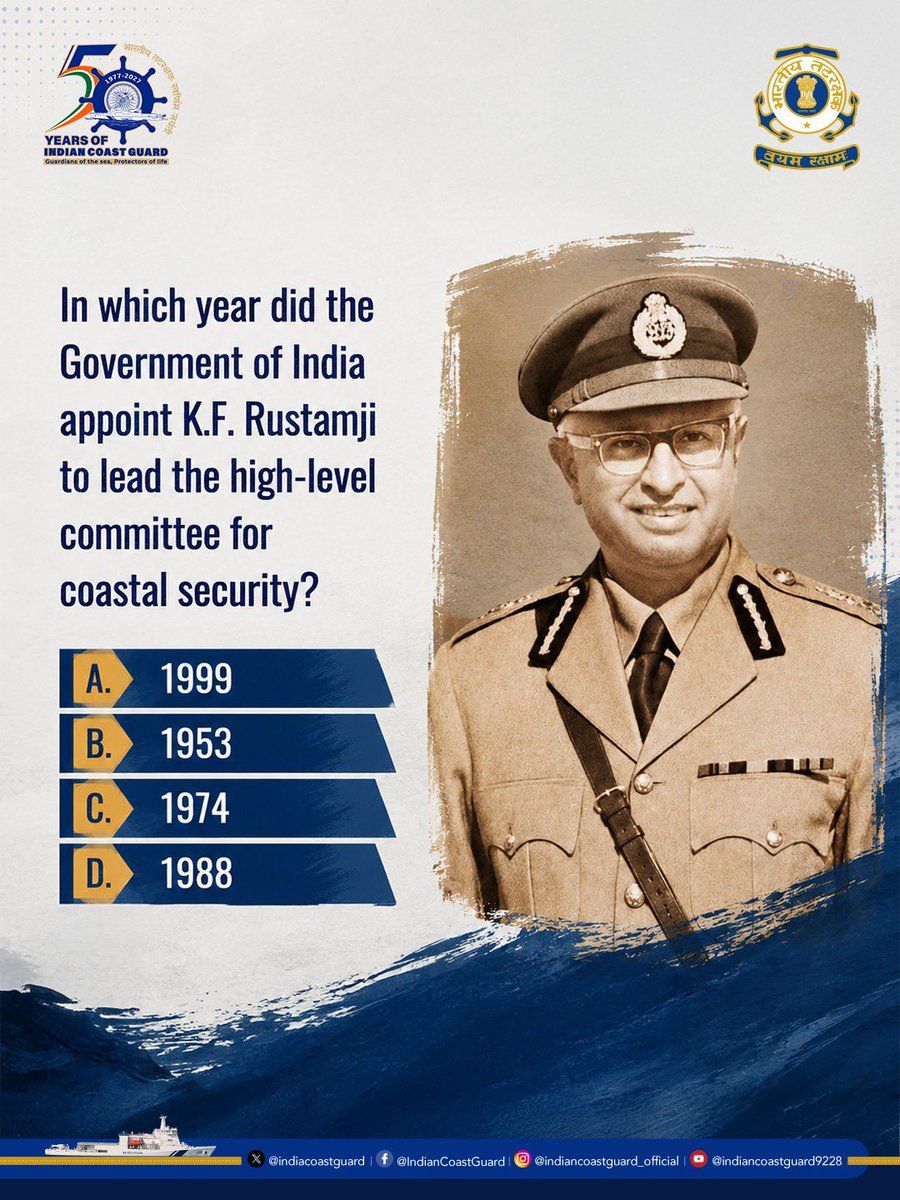 IndiaCoastGuard's tweet photo. Can you guess the year in which the Government of India appointed the K.F. Rustamji Committee to formalise national coastal security? 

Test your knowledge and drop your answers in the comments!

#KnowYourCoastGuard #IndianCoastGuard #QuizTime #MaritimeSafety #CoastalSecurity https://t.co/4MTuW8Q1Lr