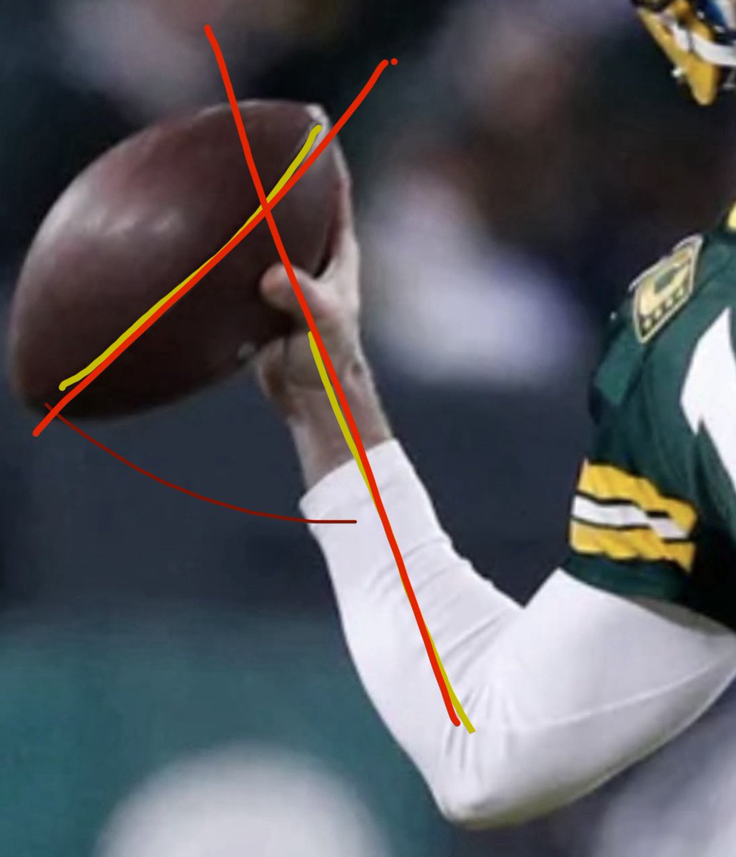 KurtBenkert's tweet photo. I figured out why Shedeur throws wobblers and why that ball slipped out of his hands on his INT across the middle the other day.

He doesn’t hold the ball right, and it’s a simple fix.

People hold the laces differently but his pointer finger on the tip of the ball doesn’t allow him to wrap and rotate the ball.

He ends up throwing it more like a javelin than ripping / spinning the ball. It’s why it wobbles often.

I believe if he slid his pointer down to wrap the ball it would slightly cock the ball more to 90 degrees on his release and give him more RPMs and grip.

His angle is slightly off and it starts with the pointer finger. It might help him to slide down 1 lace too.