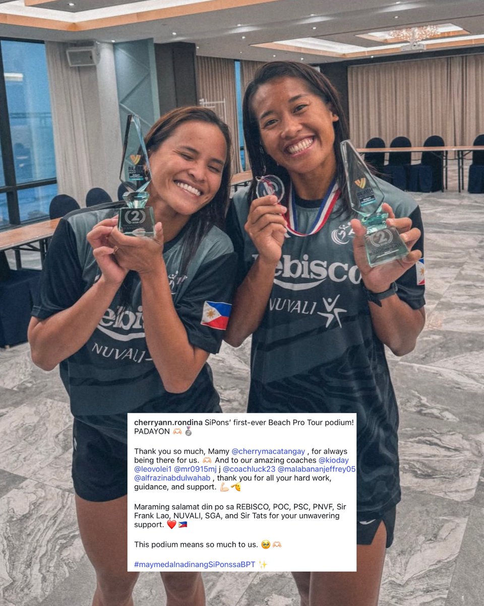 OneSportsPHL's tweet photo. FIRST OF MANY FOR SIPONS 🥈🇵🇭

Sisi Rondina and Bernadeth Pons celebrate their first-ever Beach Pro Tour podium, securing the silver medal and proudly raising the Philippine flag on the international stage.

📸 Instagram | @cherryann.rondina https://t.co/t9adS7CKC7
