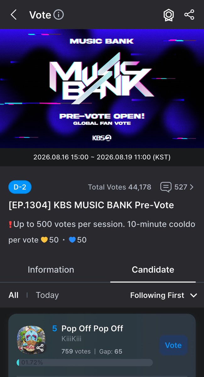 kiiikiiivoting's tweet photo. [🗳️] MUSIC BANK 🦄

KiiiKiii is nominated for Music bank, we must win the pre-vote~
🚨we are in 5th place

📍ON coogoong
🎯 3rd place (or higher)
🗓️ 1 feb 3PM- 4 feb 11AM KST

Link to vote in replies⬇️
Tiiikiiis let’s win 🕯️🥇 https://t.co/b7cJhwMeeL