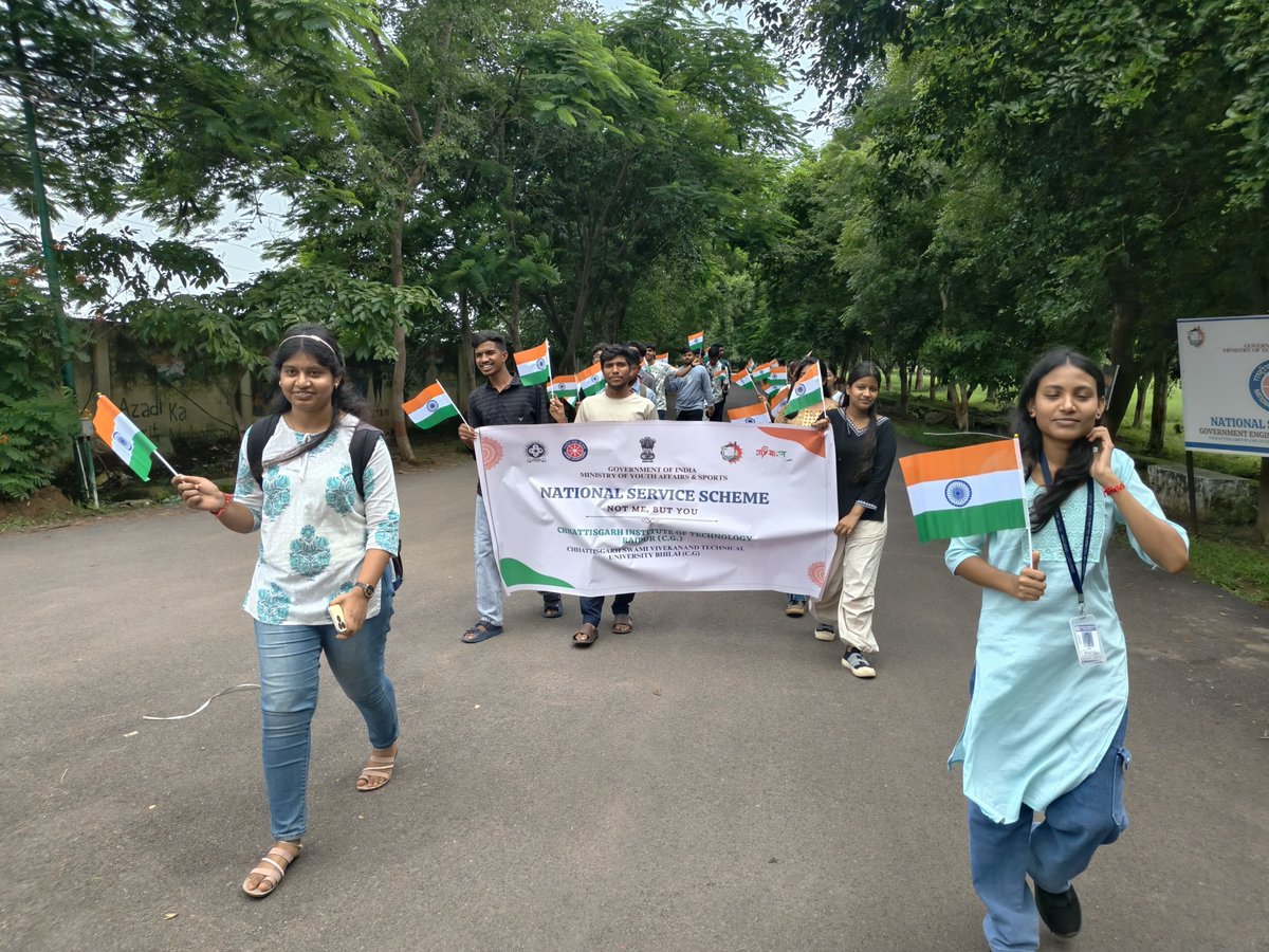 CGITR_NSS's tweet photo. Jai hind 🇮🇳
NSS Unit, CGIT Raipur organized a Tiranga Rally on 10 Aug 2026 under #HarGharTiranga.
Volunteers &amp; students spread the message of patriotism &amp; urged everyone to hoist the Tiranga at home.

Guided by Mr. Prashant Sahu &amp; Dr. Shashibala Kindo. Jai Hind! https://t.co/rN3nsOuqSq