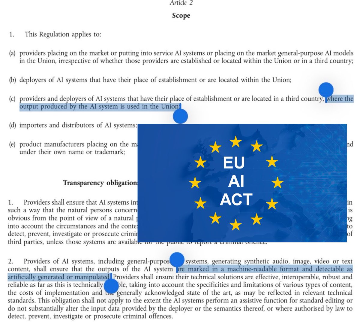 Hesamation's tweet photo. “I don’t live in EU, why should I have my AI output watermarked?”

because EU law basically says: you can generate a text in your cozy SF cafe, but if it gets used in EU, some dude there must be able to detect if it was AI.

welcome to the regulation party,
everyone is invited https://t.co/AwOS3TLmkk