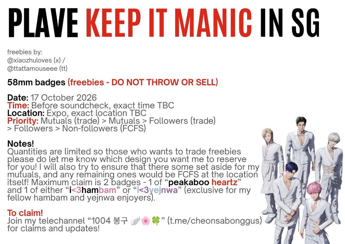 xiaozhuloves's tweet photo. 2026 PLAVE Keep It Manic in Singapore
📢 FREEBIES 

Note that production hasn't started, so there might be changes to the end product - which I will update on my telechannel!

🗓️ 17 October 2026
🕛 Before soundcheck, TBC 
🗺️ Expo, TBC

More details below! https://t.co/XbqVPrUkIO