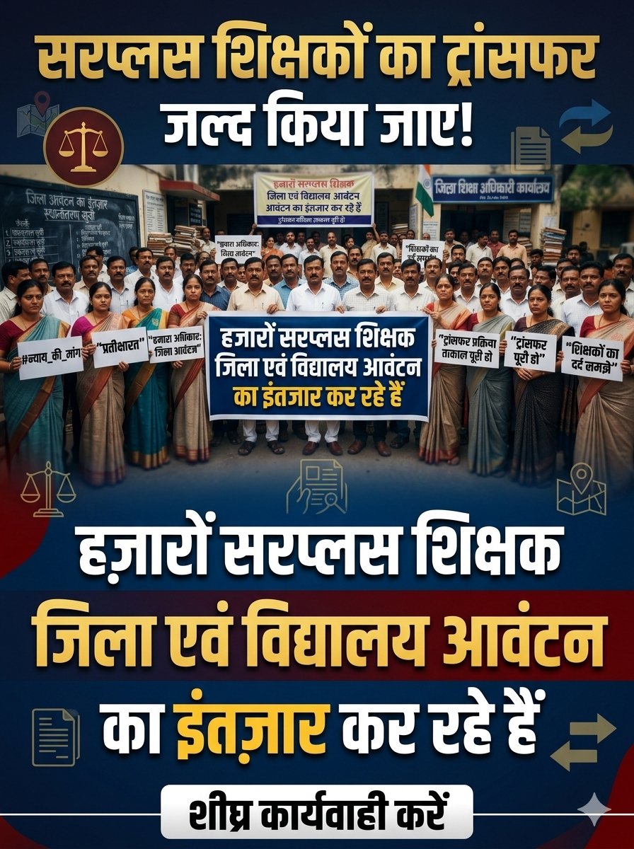 BiharTeachersUn's tweet photo. सरप्लस शिक्षकों का ट्रांसफर जल्द किया जाए ।
हजारों सरप्लस शिक्षक जिला एवं विद्यालय आवंटन का इंतजार कर रहे हैं।

@mkrtiwari_bjp
@BiharEducation_ @officecmbihar @samrat4bjp @BIHARSS1 @Team_BRVAS @btetctet @psthakur96 @Alok_Srivastava @AnandKaushalSi2 https://t.co/0Bh7UhztSW