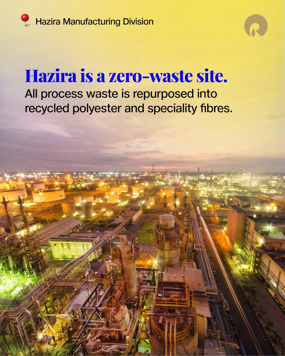 RIL_Updates's tweet photo. At Hazira, innovation drives impact. From advanced R&D to circular manufacturing, we’re delivering sustainable solutions for India and the world.
Our green journey continues. Next, we reveal our energy and water initiatives.
#InnovationLeadership #RelianceTechnology #AatmanirbharBharat #CircularEconomy #Sustainability #RecronGreenGold #GoGreen