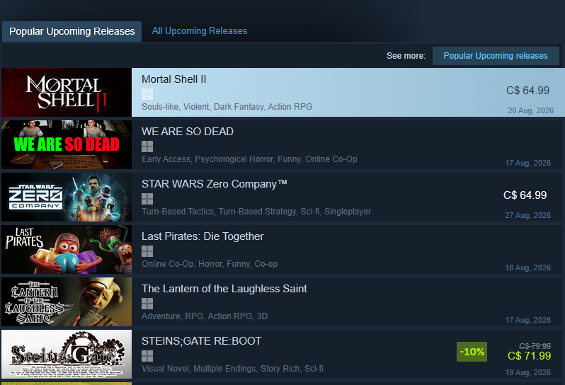 TheHashtag0nist's tweet photo. Never gets old to top the Popular Upcoming Release Chart on Steam https://t.co/lpUCRs46ON