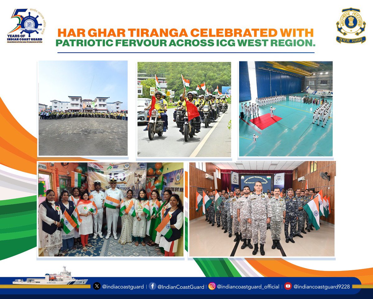 IndiaCoastGuard's tweet photo. @IndiaCoastGuard Region (West) marked the #HarGharTiranga2026 Campaign with various spirited events, including a #TirangaYatra at #Kavaratti, bike rallies at #Kochi and #Goa, a flag distribution drive at #Mumbai, and mass singing of Vande Mataram.

#ICG personnel led the celebrations with pride, carrying the National Flag and reinforcing their bond to national service.

#BikeRally #VandeMataram #IndianCoastGuard #JaiHind
