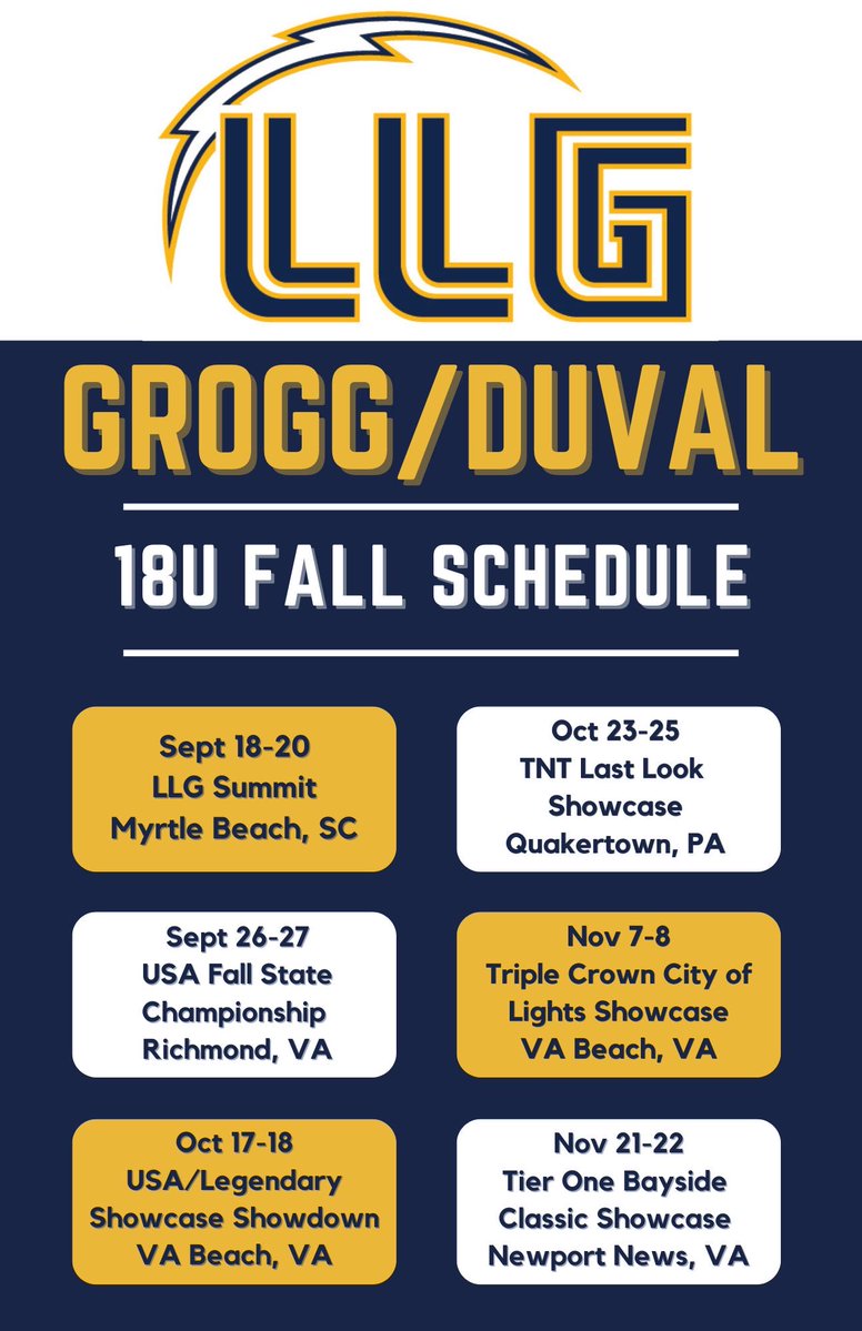 LLG_VA's tweet photo. Here comes fall!  Sending 7 from this past years team off to college left a lot of spots open. We have reloaded!  Roster announcements coming this week. https://t.co/by1IGNUzSJ