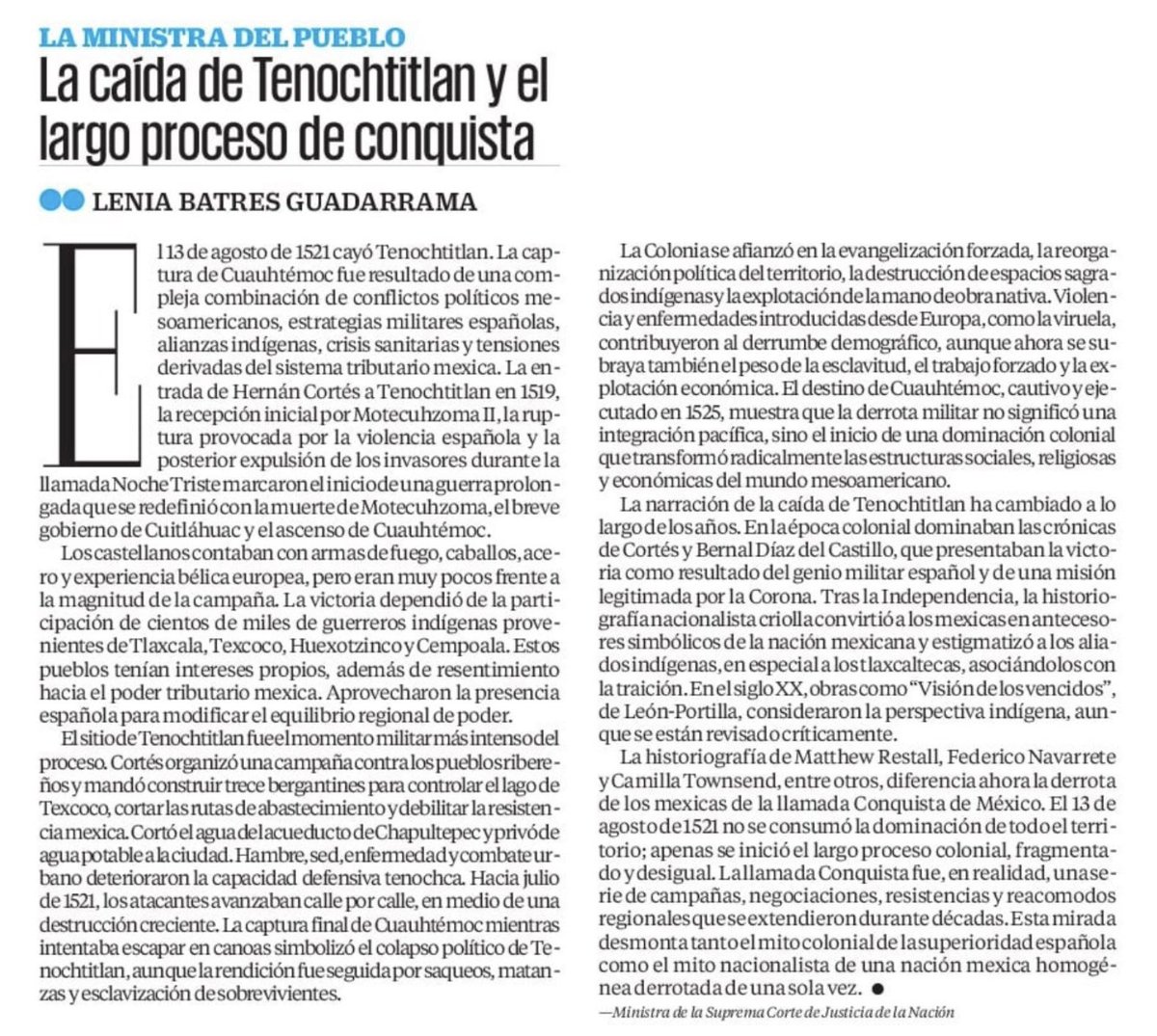 LeniaBatres's tweet photo. 📰 Comparto mi columna de hoy en El Universal:

👉🏽 La caída de Tenochtitlan y el largo proceso de conquista

#MinistraDelPueblo https://t.co/oWZ9wT6hAn