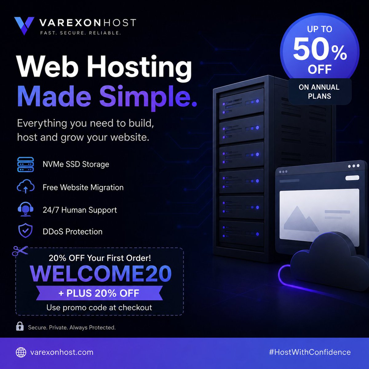 VarexonHost's tweet photo. ⚡️Web Hosting up to 50% off on Annual/1yr Plans +20% using the code on Checkout code: WELCOME20
✅Free Domain on Annual/2yr/3yr Plans Included
#hosting #webhosting #host #varexonhost #freedomain #HostWithConfidence https://t.co/IKjiTExBXL