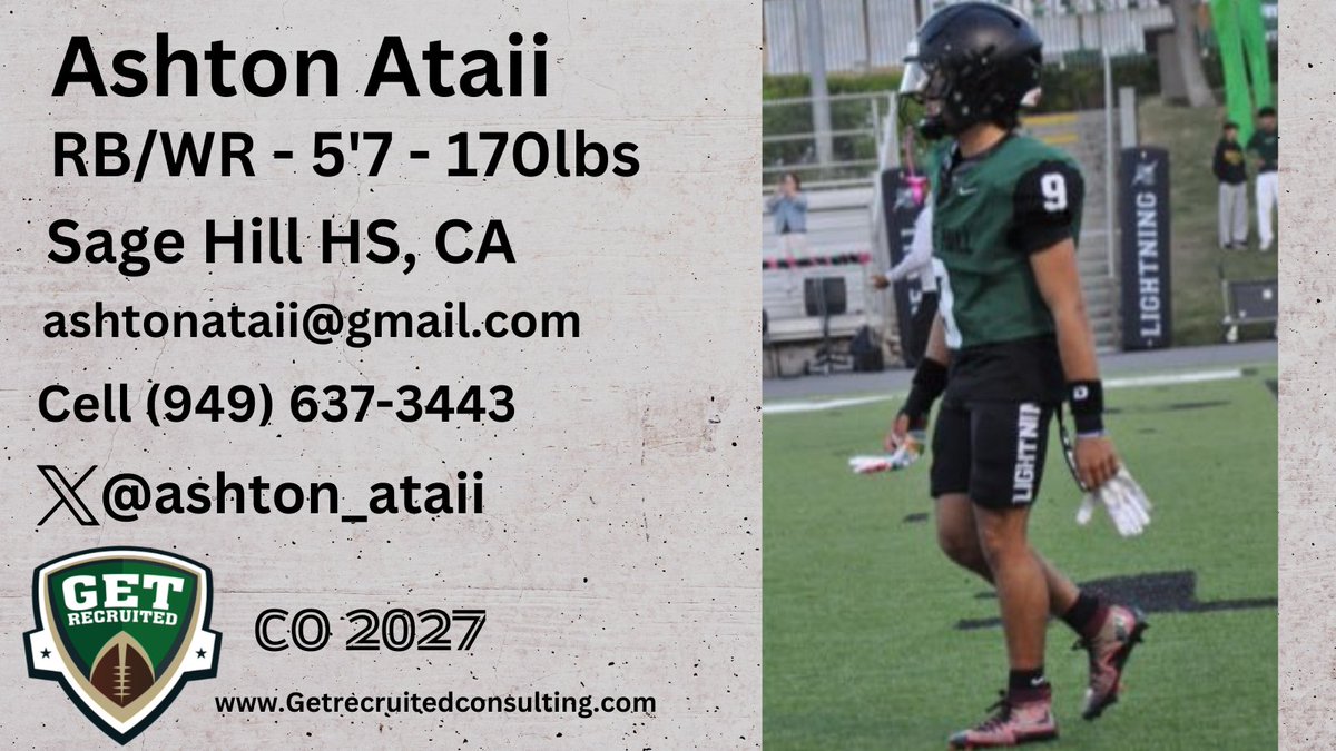Get__Recruited's tweet photo. Ashton Ataii - CO 2027 - RB/WR - 5'7, 170lbs - 3.98 GPA - Quick, smooth, &amp; athletic. Sage Hill HS, CA. Player profile: https://t.co/s82mVIcY2P @1of1lifeskills @ashton_ataii @BuffStateFB @HobartFootball @IthacaBomberFB @UofRFootball @RPIFootball @SLU_Football @UnionCollegeFB https://t.co/0UWS5lv8XA