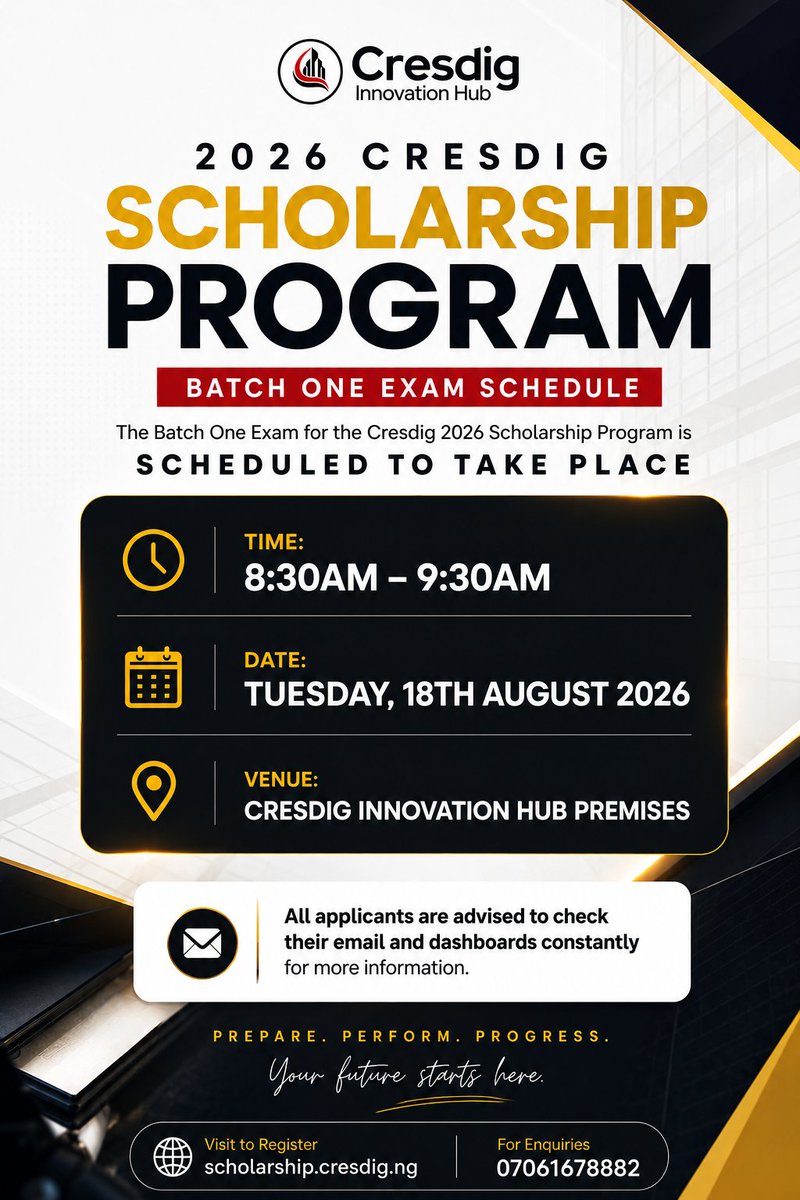 cresdig's tweet photo. You took the bold step to apply. Now comes the real test, literally.

The 2026 Cresdig Scholarship Program Batch 1 Exam is almost here, and it's time to find out if you're among the lucky ones who secure a slot. 

Every applicant who dared to register is now one exam away from... https://t.co/TzguBhMRy4