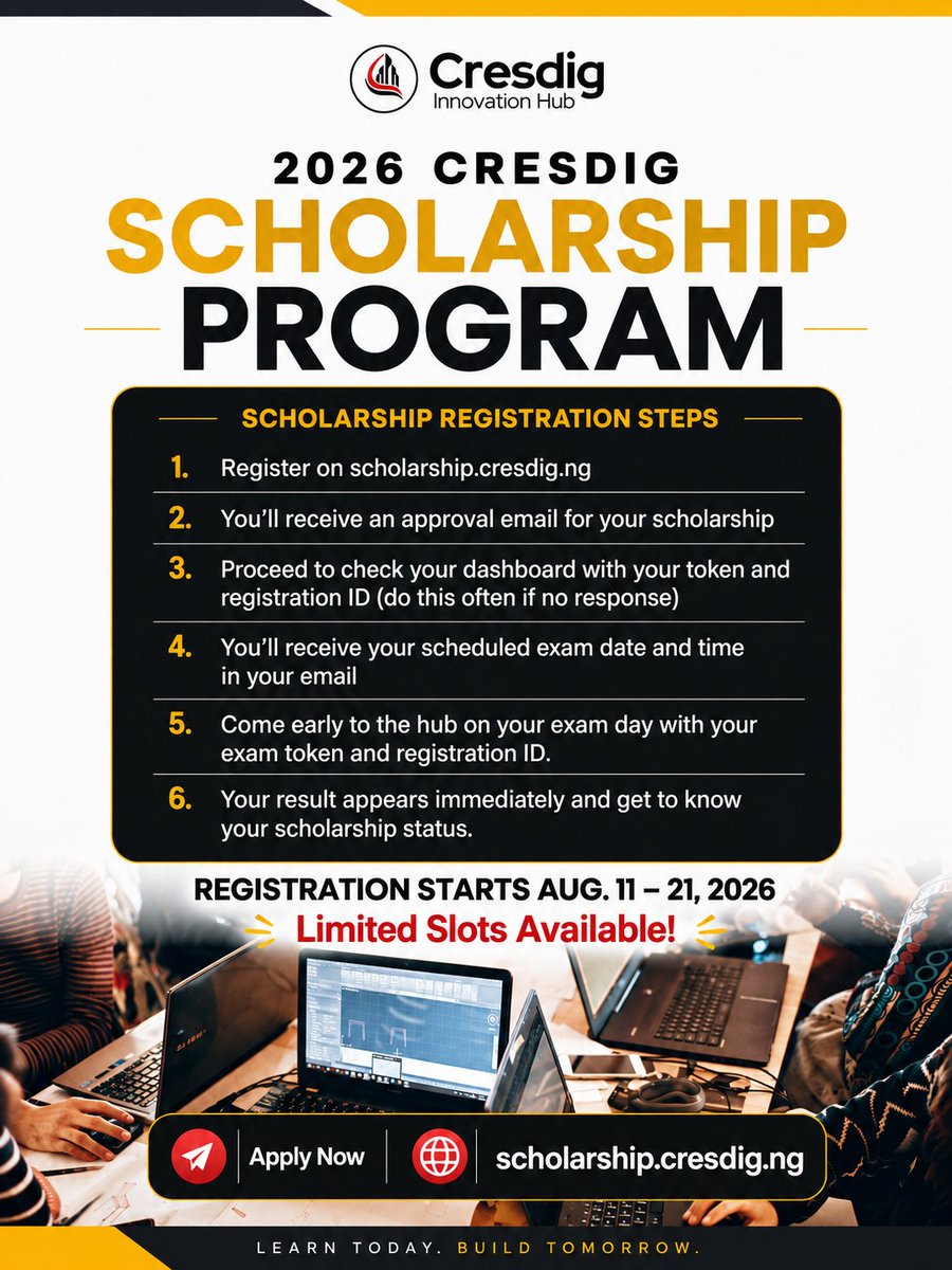 cresdig's tweet photo. You took the bold step to apply. Now comes the real test, literally.

The 2026 Cresdig Scholarship Program Batch 1 Exam is almost here, and it's time to find out if you're among the lucky ones who secure a slot. 

Every applicant who dared to register is now one exam away from... https://t.co/TzguBhMRy4