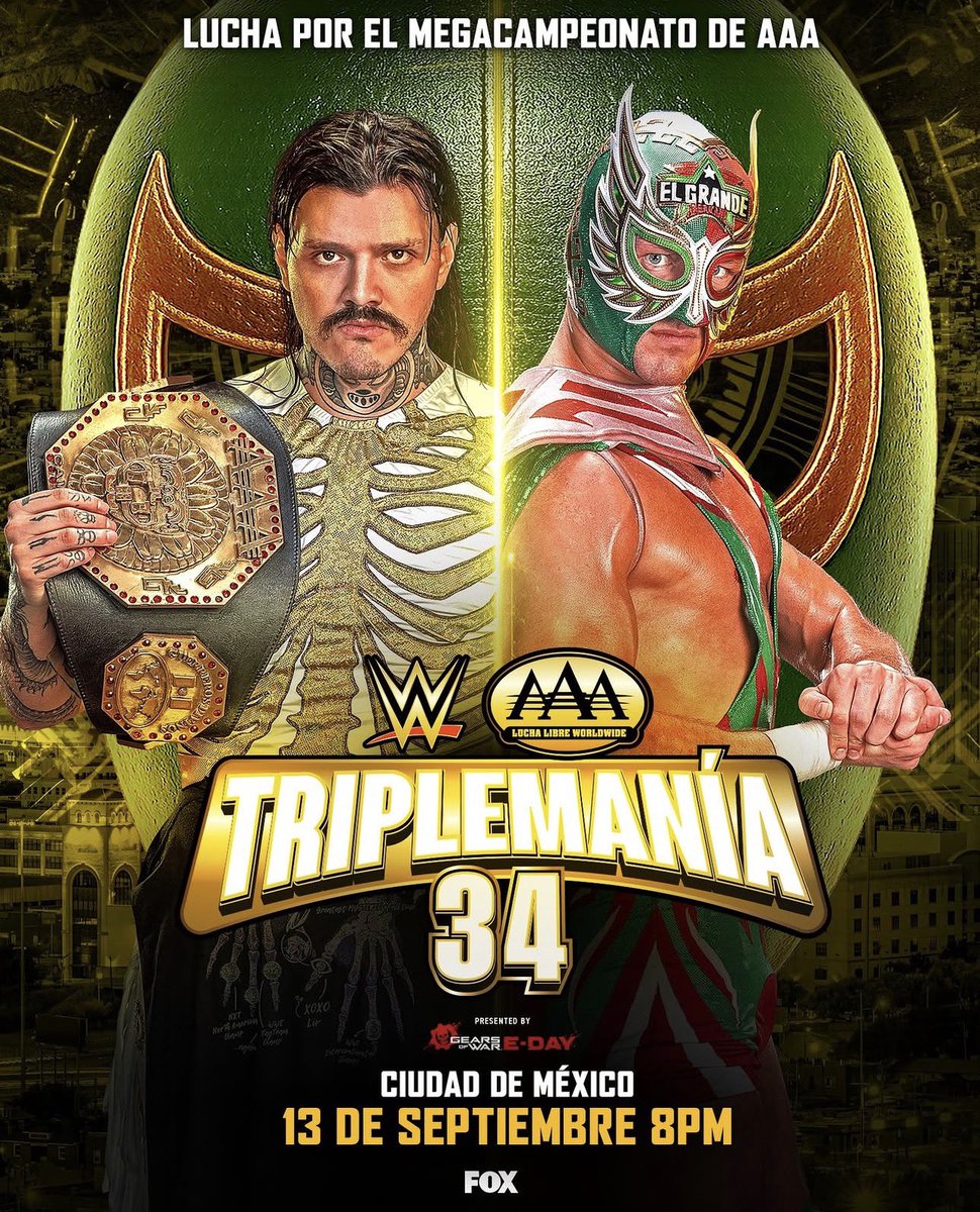 WrestleOps's tweet photo. Dominik Mysterio vs. El Grande Americano for the AAA Mega Championship is officially set for TripleMania 34. https://t.co/6igv5pjsiS