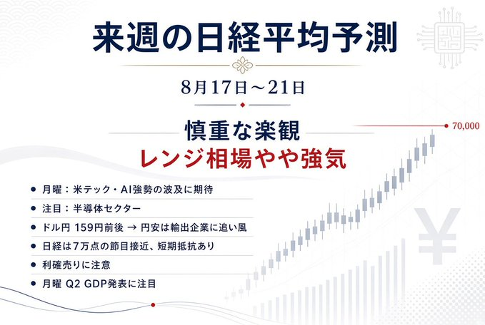 dafafsdfefwas's tweet photo. 来週の日経平均、どう動く？【8/17〜21】

現時点では、
👉 「やや強気のレンジ相場」を想定しています。
📈 注目ポイント

・米ハイテク・AI株の流れが日本市場にも波及
・半導体セクターへの資金流入に注目
・ドル円は159円前後で推移
・日経平均は7万円の大台が目前

一方で、直近の上昇ペースはかなり速い。
7万円付近では利益確定売りも出やすく、ここからは「上がるか」だけでなく、どこで押し目を作るかが重要になりそうです。
さらに月曜は日本の4〜6月期GDP速報値が発表予定。
📊 強気寄りではあるものの、値動きが大きくなる可能性も。

来週は特に、
日経7万円突破と半導体株の動きを重点的に見ていきます。