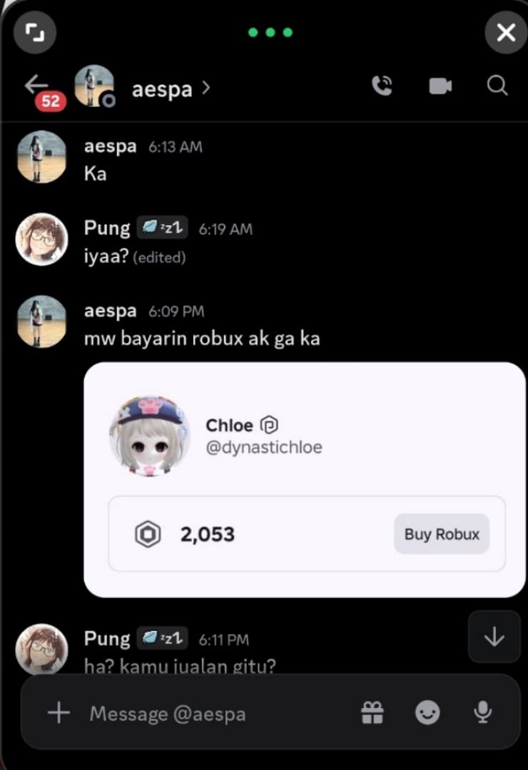 lakasude's tweet photo. buat yang punya server discord atau grup WA dan promosi di sini, hati-hati ya, barusan member serverku lapor kalo ada yang nawarin robux di DM. entah foto siapa yang dia pake buat stock robuxnya itu

username discord: aespateji
user id: 1537888179753979934 https://t.co/9ipwgtUr9u