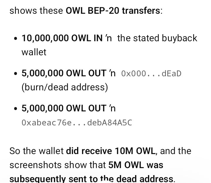 Aprolia6's tweet photo. 🔥 $OWL BUYBACK #1 — ON-CHAIN VERIFIED

Owlto���s first buyback moved 10,000,000 $OWL to the announced wallet:

0x15da33feae6a04004617d1f4c180d55520159e99

On-chain data shows:
🔥 5M $OWL → Dead Address (BURN)
💎 5M $OWL → Staking allocation https://t.co/0Ye3a79rRy