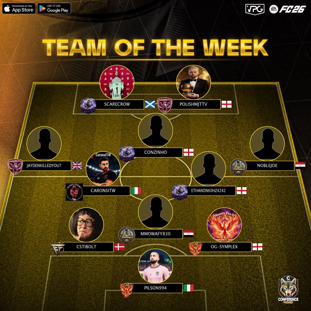 OfficialVPG's tweet photo. 📊 League Standings 
👥 Team of the Week 
🎮 @easportsfc 11v11 Clubs 
🗓️ Week Two  
🏆 Conference Premier C

Big games, statement performances, surprise results & the first look at who’s ready to fight for glory this season! 💪🏽 

This is only the beginning… 2 more weeks to go. The road to the title starts Now.

#FC26 #ProClubs #VPG #EAFC 
#WhereTheChampionsPlay