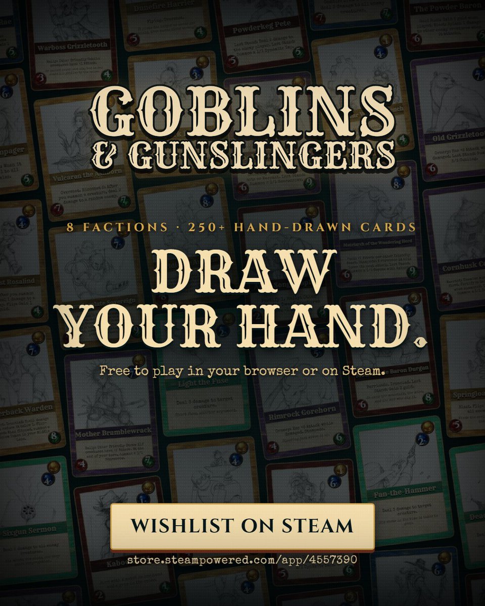 GNGTCG's tweet photo. Seven lanes. Eight factions. One wild frontier. 🤠 Build your posse and make every shot count in Goblins &amp; Gunslingers. Wishlist on Steam: https://t.co/txZXYiCJcg #IndieGame #CardGame https://t.co/58Fs8OYd7p