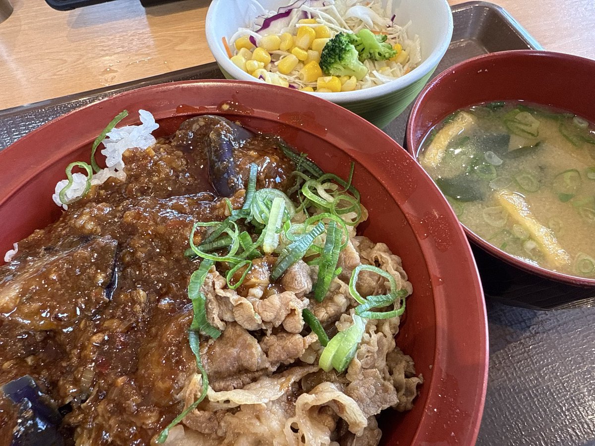 populanta2's tweet photo. お昼はすき家
シビ辛麻婆茄子牛丼ランチセット😊 https://t.co/Jz6LTxelNf