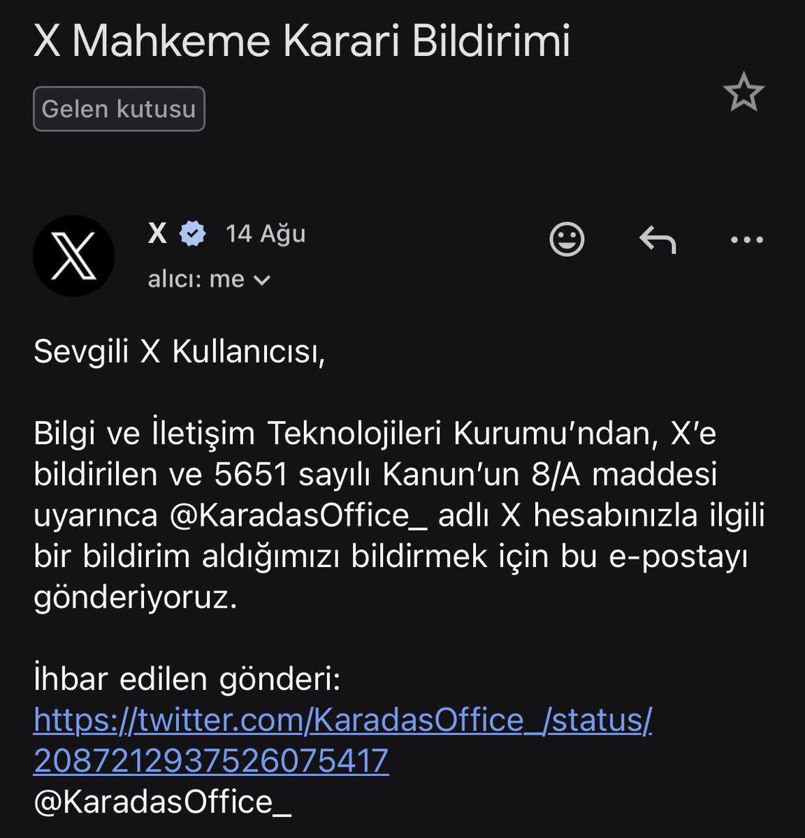 karadasoffice_'s tweet photo. Zorunlu Açıklama

Rojin Kabaiş hakkında yürütülen hukuki süreçle ilgili kurumsal X hesabımızdan yapılan paylaşımlar Türkiye’de erişime engellenmiştir.

Hukuk ofisimiz kamuoyuna mal olan süreçleri kararlılıkla takip etmeye devam edecektir.

Kamuoyuna saygıyla duyurulur. https://t.co/ioyjHqgWV0