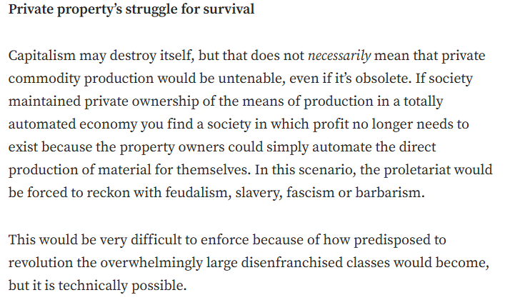 19Joeyo's tweet photo. @homosovieticus_ By private property, I mean private commodity production. Full/mass automation makes socialism a historical imperative because the alternative is social breakdown. https://t.co/4NPZRC7tCy