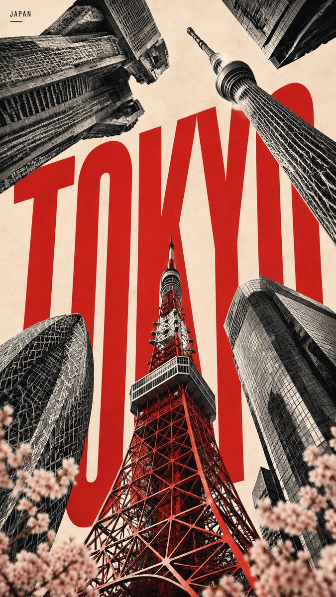 MrLarus's tweet photo. 🤯 City posters hit different when every landmark rises toward the same point!

Iconic landmarks converge toward the center, with giant city type filling the background.

1. TOKYO — red × cherry blossom
2. NEW YORK — cobalt blue × yellow cab
3. PARIS — burgundy × classic landmarks
4. DUBAI — orange × vertical city

Same visual system, totally different city energy. ✨

Made with GPT-Image2
Prompts below 👇