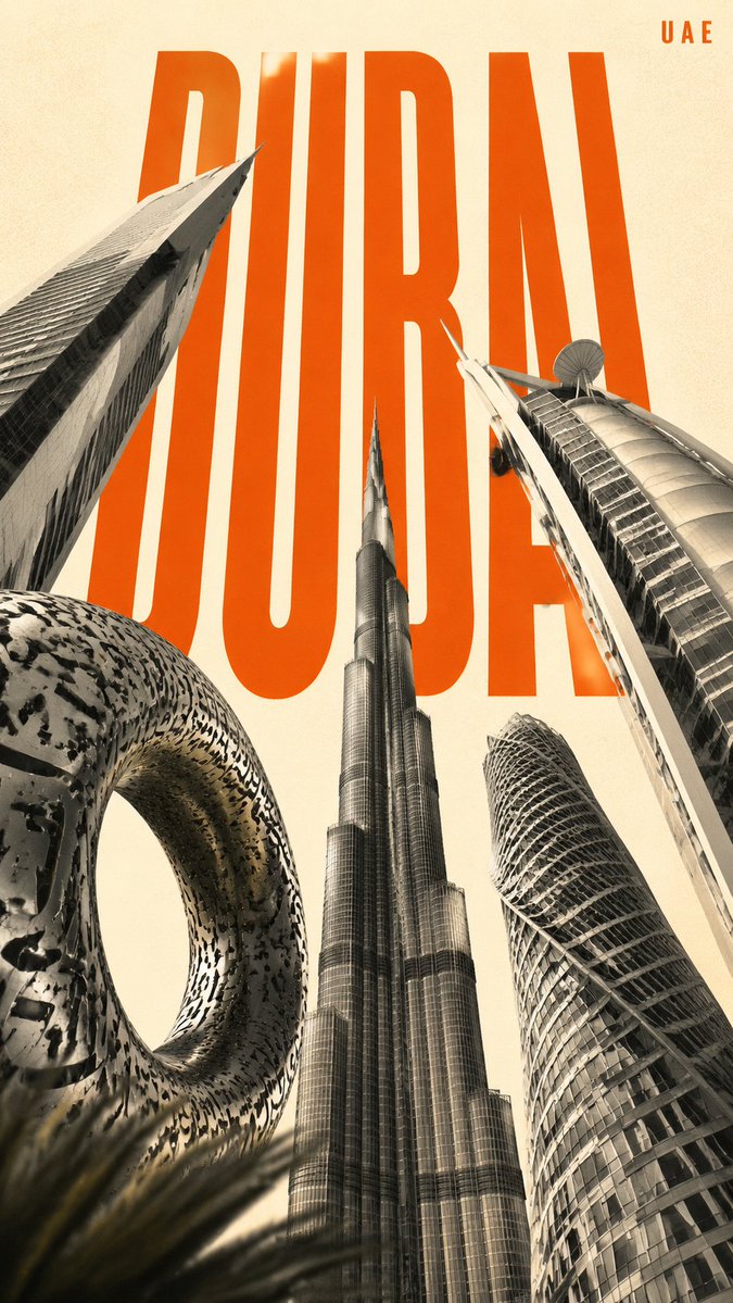 MrLarus's tweet photo. 🤯 City posters hit different when every landmark rises toward the same point!

Iconic landmarks converge toward the center, with giant city type filling the background.

1. TOKYO — red × cherry blossom
2. NEW YORK — cobalt blue × yellow cab
3. PARIS — burgundy × classic landmarks
4. DUBAI — orange × vertical city

Same visual system, totally different city energy. ✨

Made with GPT-Image2
Prompts below 👇