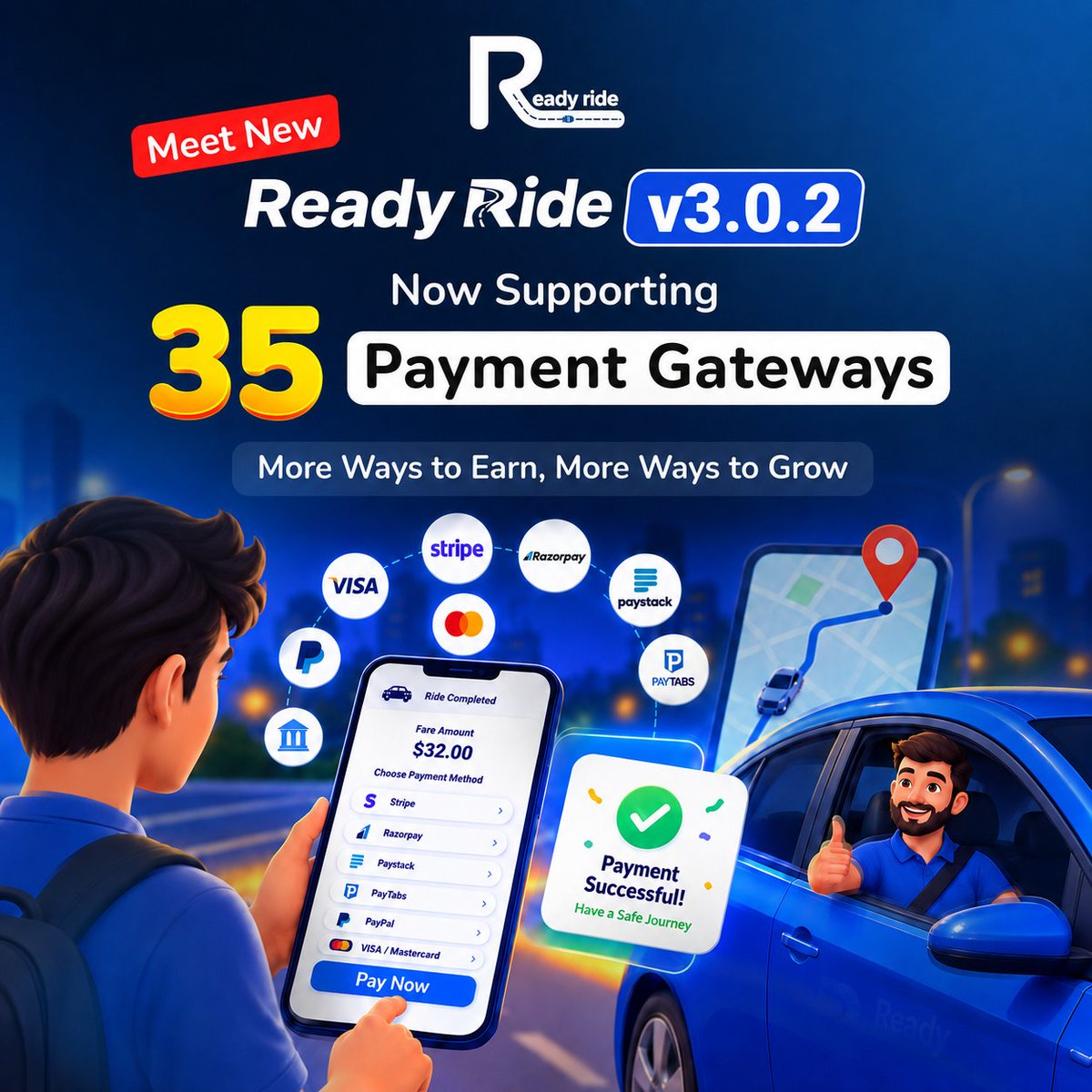 RazinSoft's tweet photo. ๐ More Payment Options. More Rides. More Growth.
ReadyRide V3.0.2 is here - now supporting 35 payment gateways! ๐ณ
More ways to pay. More ways to earn. More ways to grow.
#ReadyRide #RideSharingApp #TaxiApp #RideHailing #PaymentGateway #FlutterApp #RazinSoft #SaaS https://t.co/6Yh866MNES